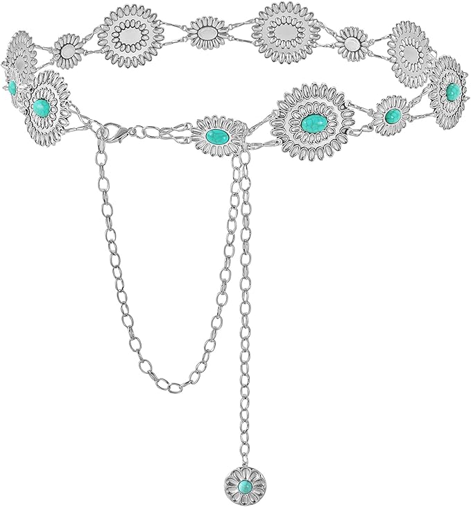 Concho Chain Western Cowgirl Turquoise Metal Belt