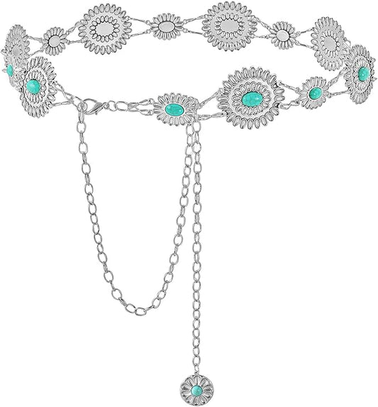 Concho Chain Western Cowgirl Turquoise Metal Belt