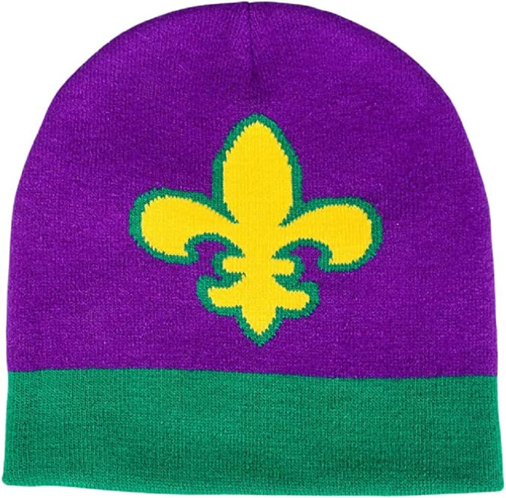 Mardi Gras Fleur De Lis Knit Beanie Hat UNISEX