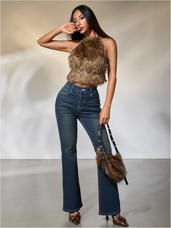 Faux Fur Halter Backless Sleeveless Crop Top