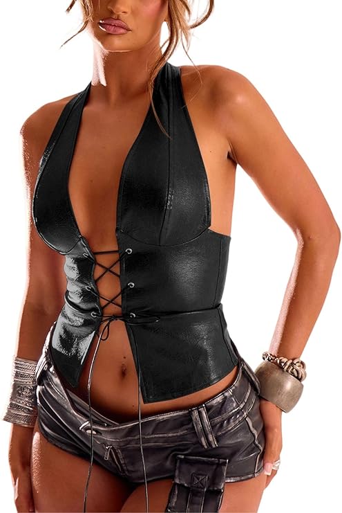 PU Leather Lace Up Halter Bustier Deep V Backless Crop Top