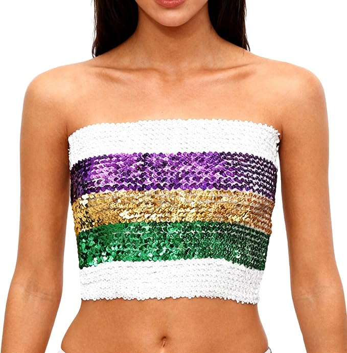Sequin Bandeau Purple Crop Tops Strapless Metallic Mardi Gras Bold Stripe Tube Top or Mini Skirt