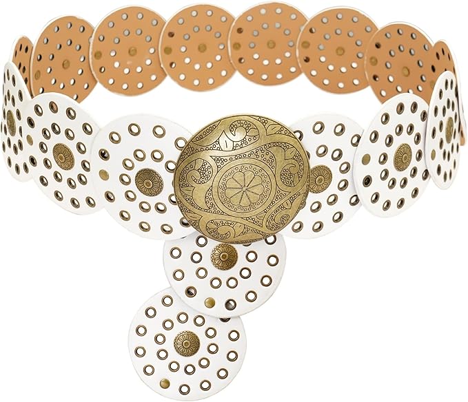 Wide Disc Belt for Women Leather Hollow Out Round Belts Vintage Western Waist Belt