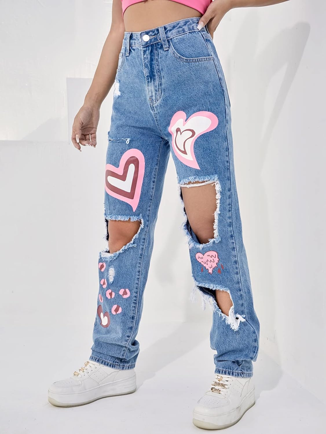 Women's Pattern Printed High Waist Wide Leg Straight Denim Jeans Pants