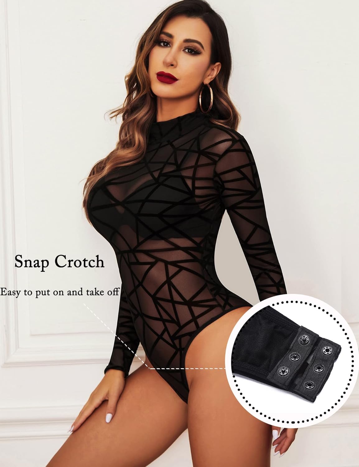 SEXY LONG SLEEVE GEO PRINT SHEER MESH BODYSUIT