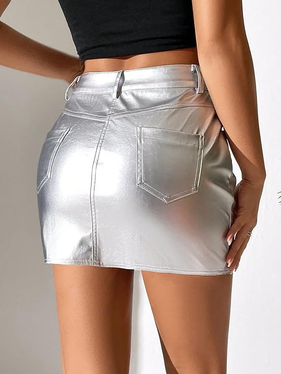 Women's Metallic Denim Button Skirt Mini Pencil Party Jean Skirts with Pocket