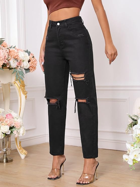 HIGH WAISTED BLACK DISTRESSED DENIM MOM JEANS (BLACK)