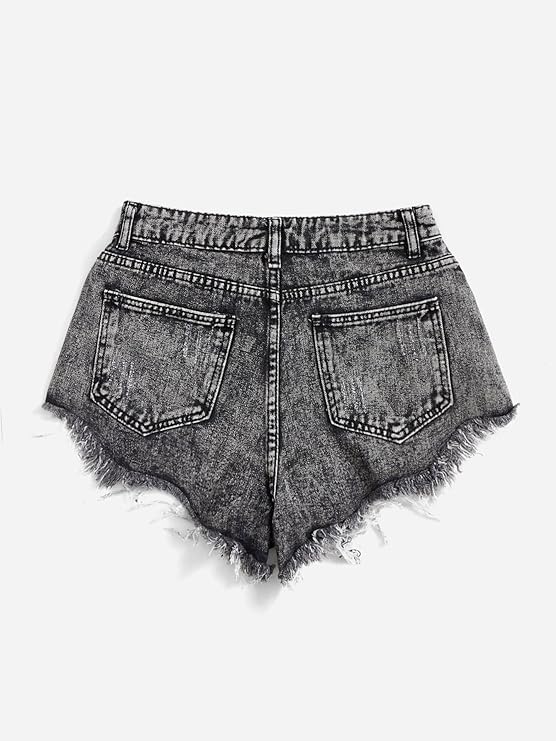 Women's Casual Ripped Raw Hem Asymmetrical Denim Shorts with Pocket