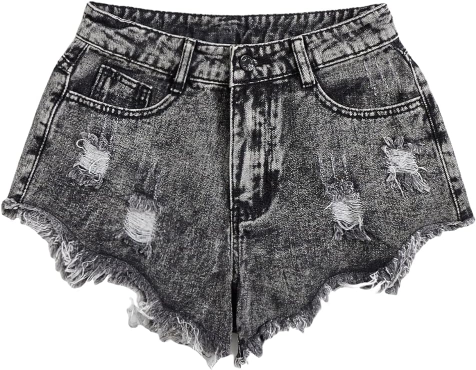 Women's Casual Ripped Raw Hem Asymmetrical Denim Shorts with Pocket