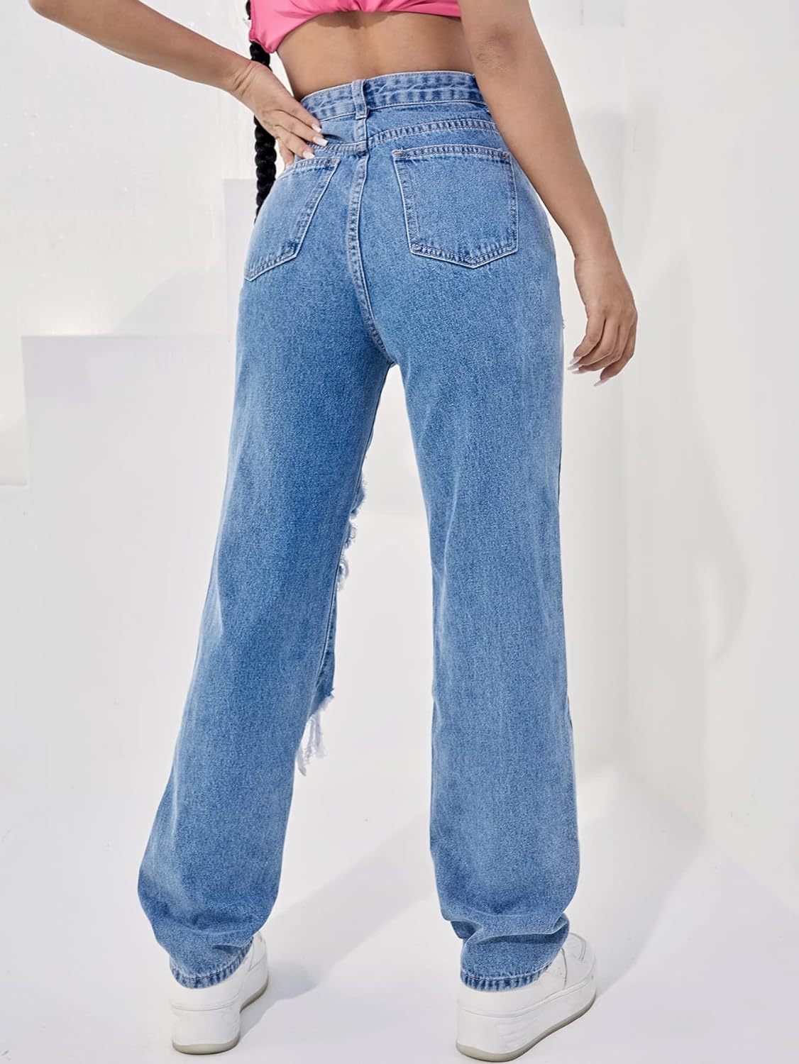 Women's Pattern Printed High Waist Wide Leg Straight Denim Jeans Pants