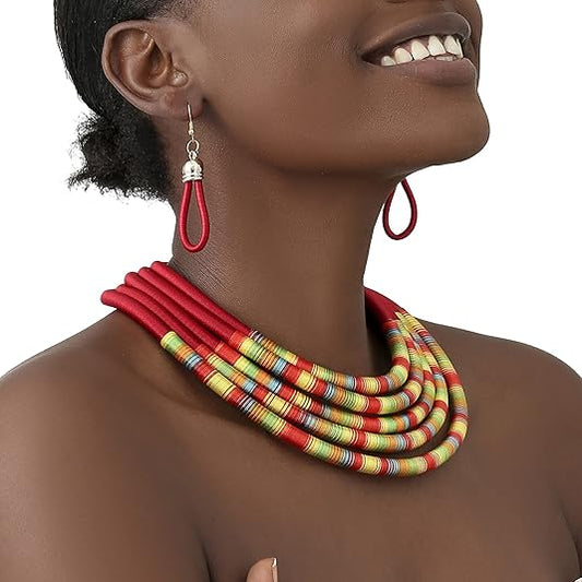 African Choker Necklace Layered Collar Necklace Chunky Tribal Style Statement Necklace African Jewelry Set for Women, with 2 Earrings