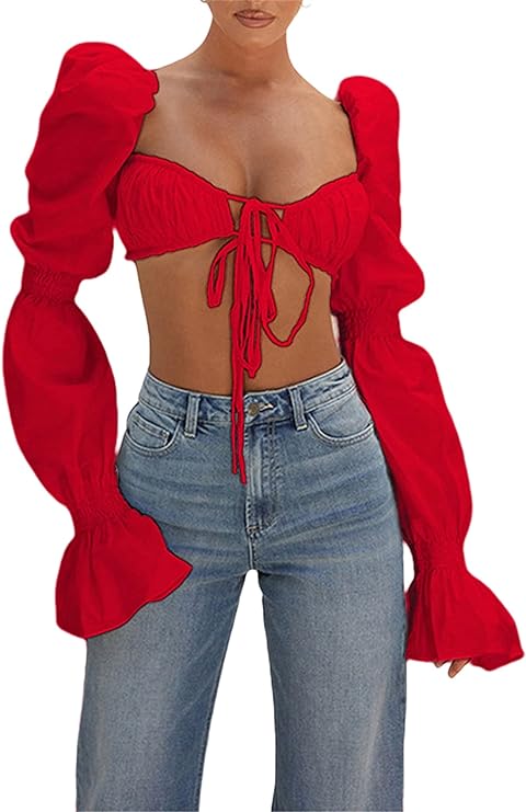 Women's Sexy Self Tie Front Ruched Puff Long Sleeve Crop Top Blouse Red