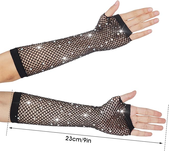 RHINESTONE FISHNET FINGER CUT-OUT GLOVES