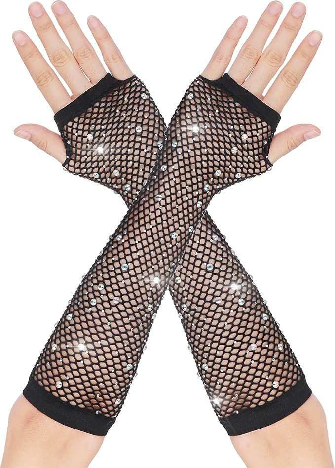 RHINESTONE FISHNET FINGER CUT-OUT GLOVES