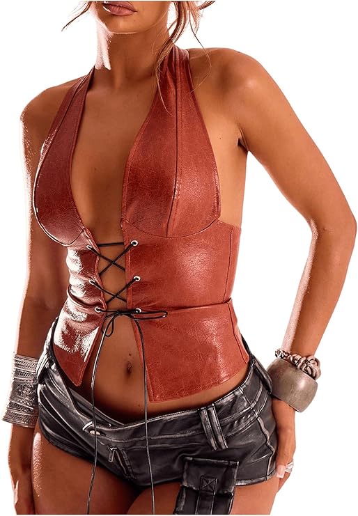 PU Leather Lace Up Halter Bustier Deep V Backless Crop Top