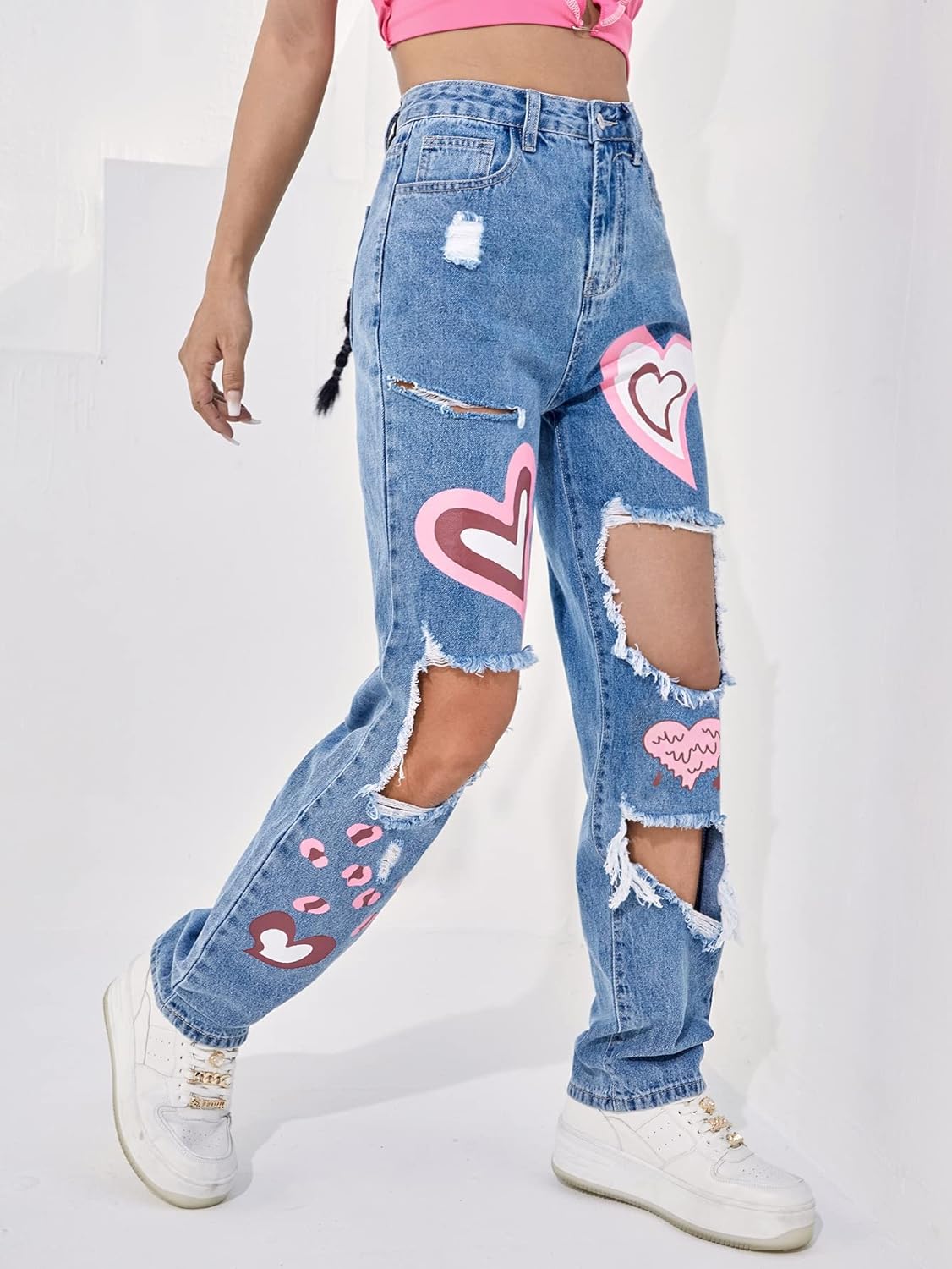 Women's Pattern Printed High Waist Wide Leg Straight Denim Jeans Pants