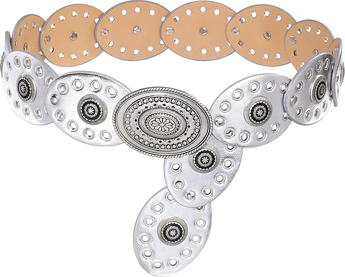 Wide Disc Belt for Women Leather Oval Belt Western Vintage Waist Belts
