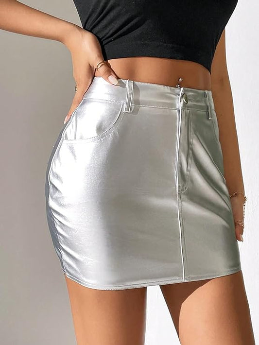 Women's Metallic Denim Button Skirt Mini Pencil Party Jean Skirts with Pocket