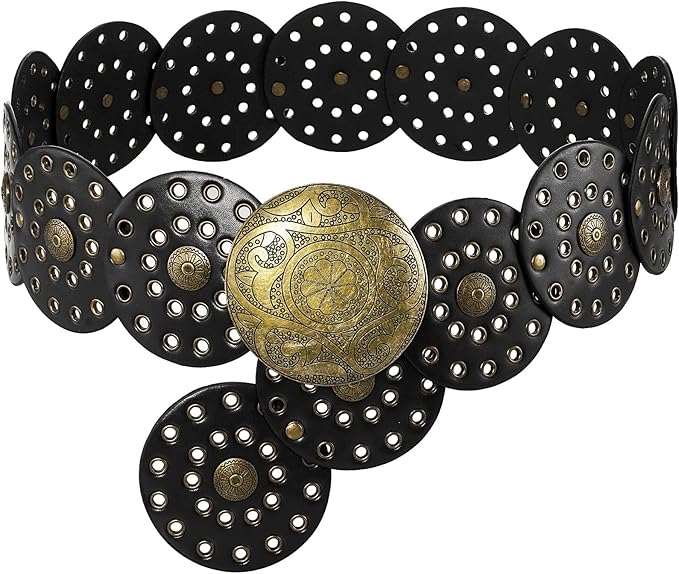 Wide Disc Belt for Women Leather Hollow Out Round Belts Vintage Western Waist Belt