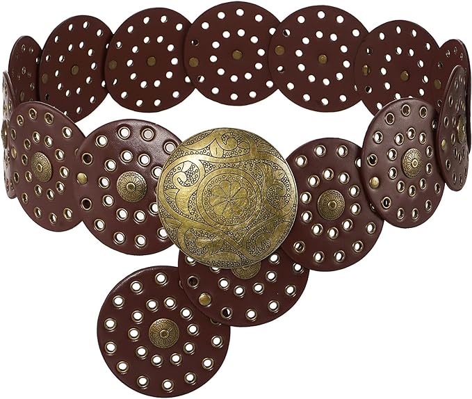 Wide Disc Belt for Women Leather Hollow Out Round Belts Vintage Western Waist Belt