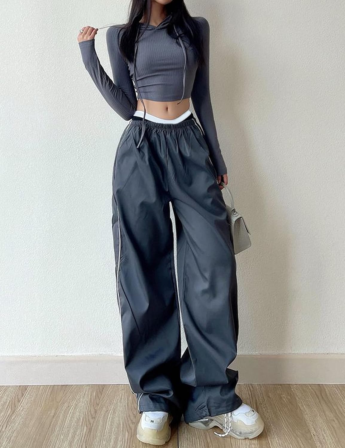 Women's Parachute Pants Baggy Elastic Waist Wide Leg Track Pants Trousers