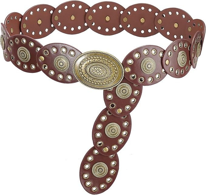 Wide Disc Belt for Women Leather Oval Belt Western Vintage Waist Belts
