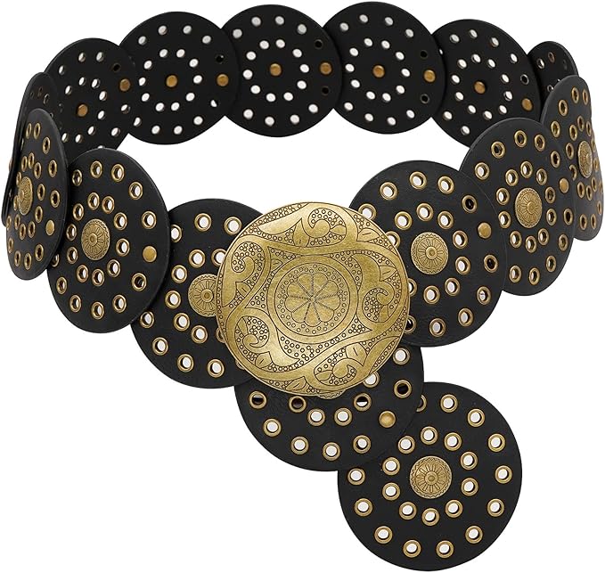 Wide Disc Belt for Women Leather Hollow Out Round Belts Vintage Western Waist Belt