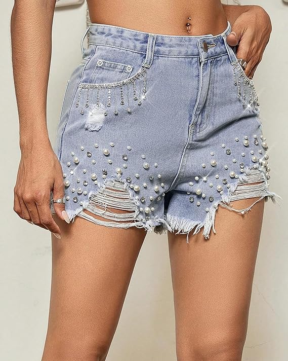 Women's Between Us Distressed Rhinestone Pearl Beaded Denim Shorts