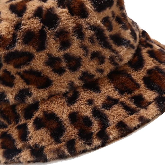 Winter Faux Fur Bucket Hat Fluffy Warm Hat for Women Men Cheetah Leopard Print