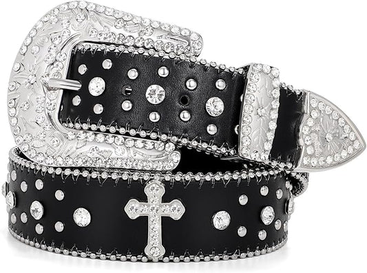 PU Leather Cross Rhinestone Punk Western Belts