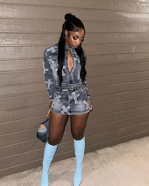 2 Piece Denim Skirt Set Long Sleeve Zipper Jean Jacket Top Mini Skirt Bodycon Set