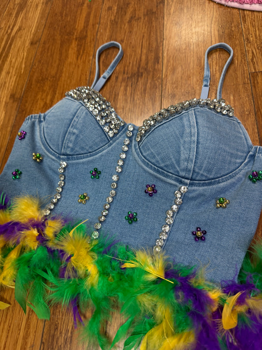 FLORAL ARRANGEMENTS MARDI GRAS DENIM CROP TOP