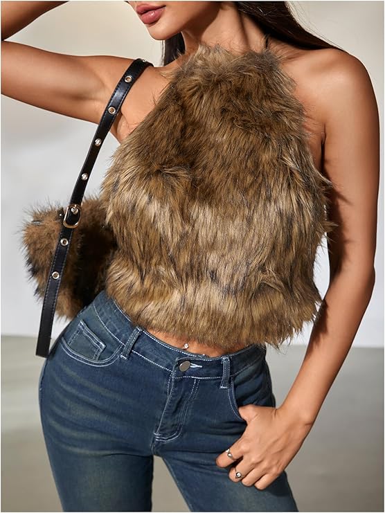 Faux Fur Halter Backless Sleeveless Crop Top