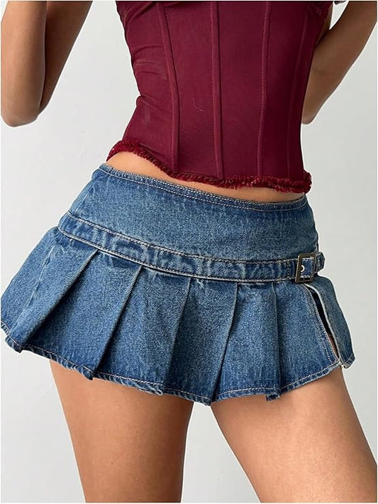 Women's Pleated Mini Denim Skirt Buckle Jean Skirt