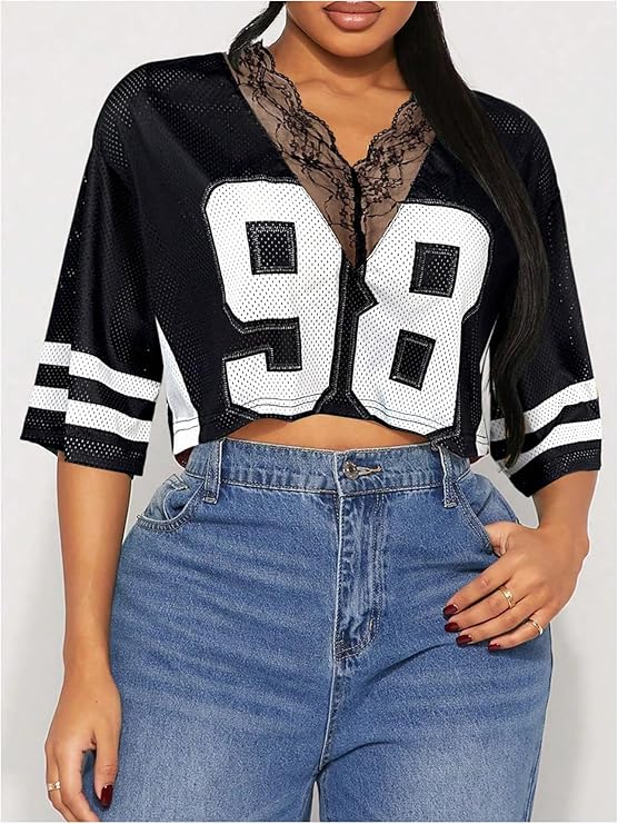 VINTAGE VARISTY LACE OVERSIZED JERSEY CROP TOP