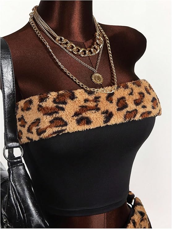 2 Piece Leopard Club Outfits Crop Strapless Tube Top and Shorts