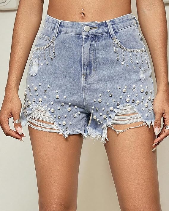 Women's Between Us Distressed Rhinestone Pearl Beaded Denim Shorts