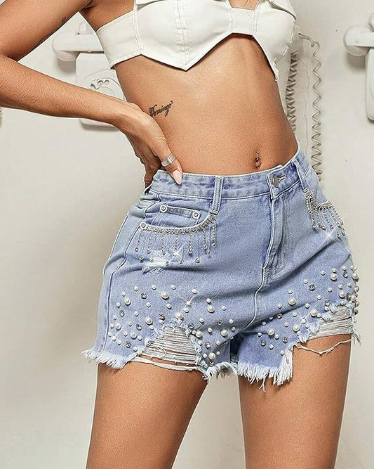 Women's Between Us Distressed Rhinestone Pearl Beaded Denim Shorts