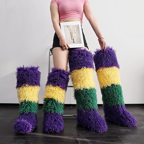 Mardi Gras Knee High Mongolian Faux Fur Boots PREORDER