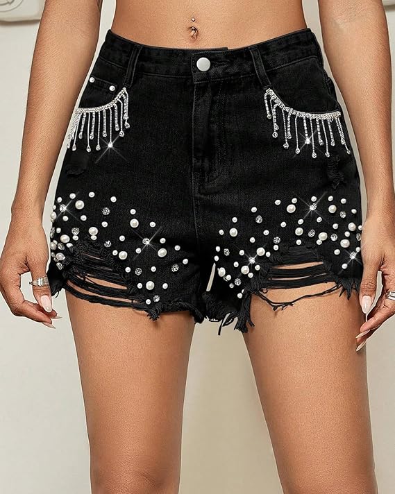 Women's Between Us Distressed Rhinestone Pearl Beaded Denim Shorts