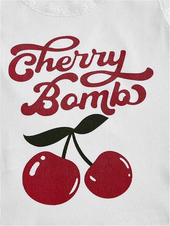 Women's Letter Cherry Print Lace Tank Top Crewneck Rib Knit Vest Top "CHERRY BOMB"