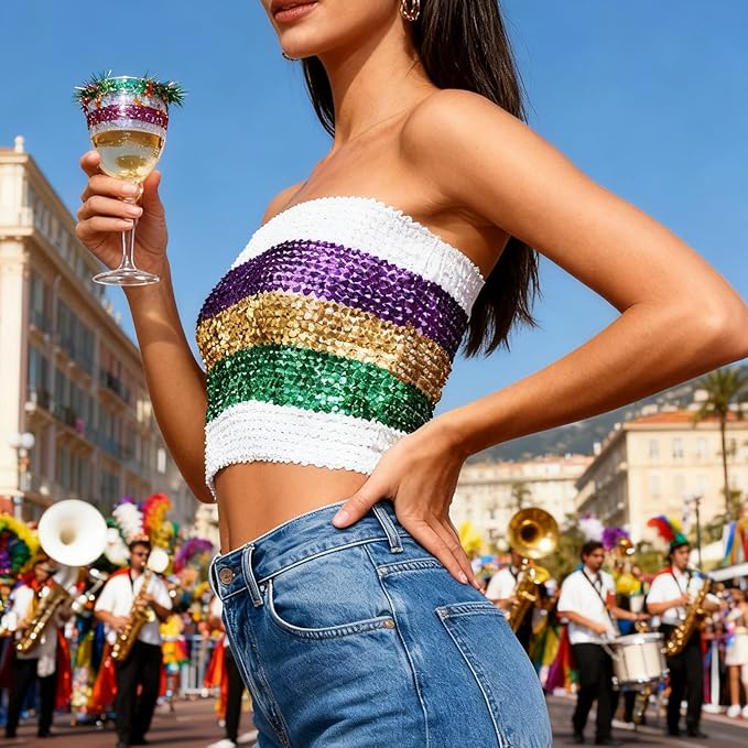 Sequin Bandeau Purple Crop Tops Strapless Metallic Mardi Gras Bold Stripe Tube Top or Mini Skirt