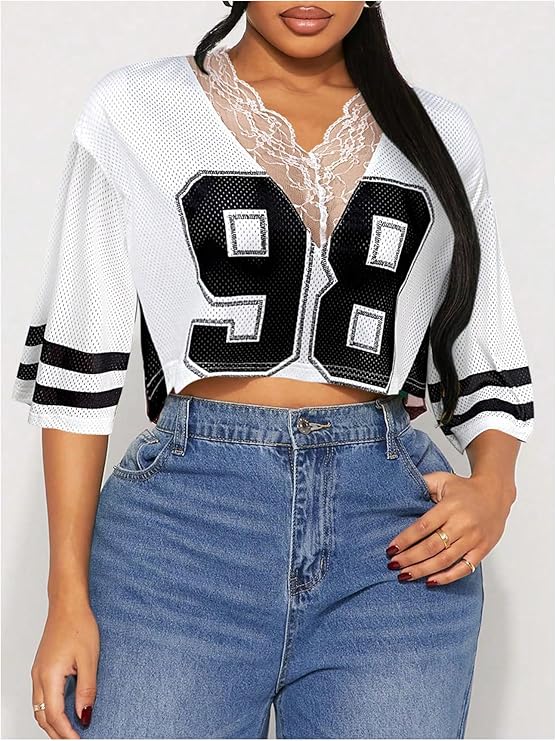 VINTAGE VARISTY LACE OVERSIZED JERSEY CROP TOP