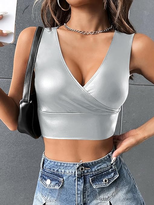 Women's PU Leather V Neck Solid Sleeveless Camisole Crop Tank Top