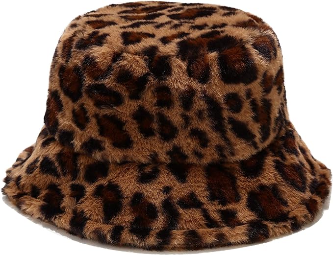 Winter Faux Fur Bucket Hat Fluffy Warm Hat for Women Men Cheetah Leopard Print