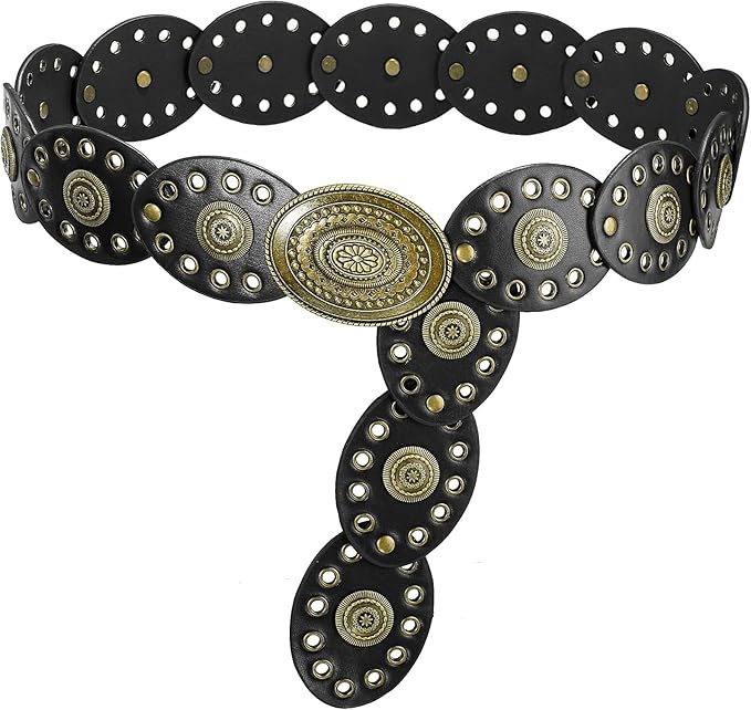 Wide Disc Belt for Women Leather Oval Belt Western Vintage Waist Belts