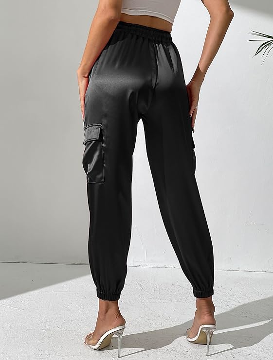 Women's Satin Cargo Joggers Pants Dressy Casual Silky Elastic High Waist Trousers