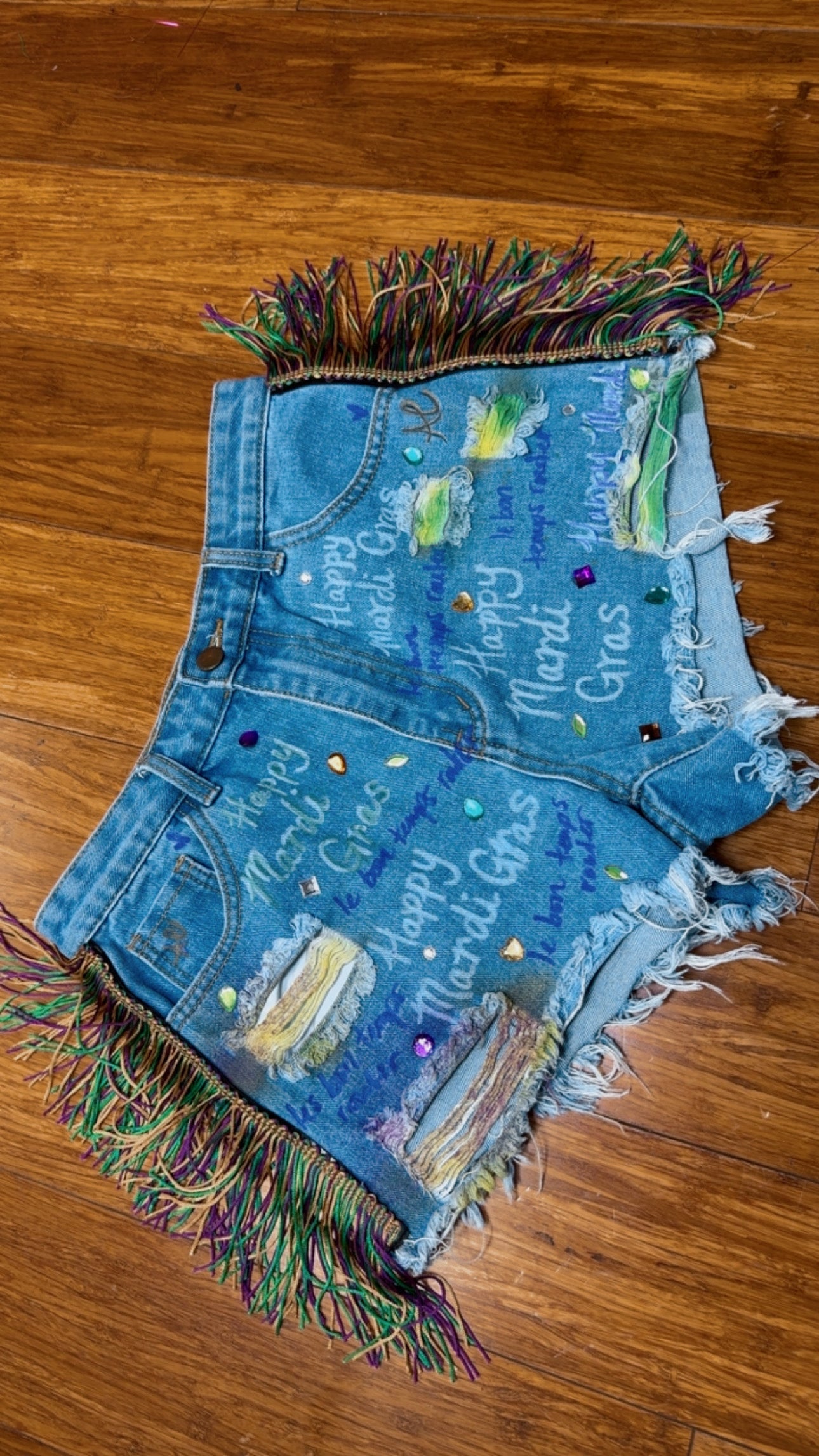 MARDI GRAS Custom "337 HAPPY MARDI GRAS" Denim Fringe Shorts