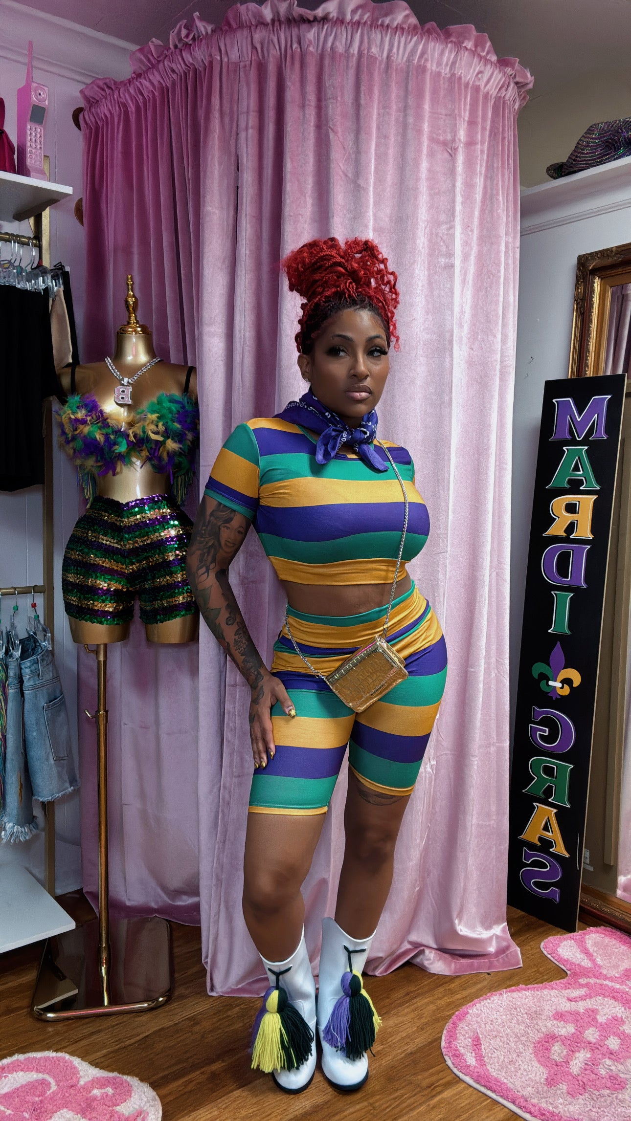 Short Sleeve Crop Tank Top with Short Sets Mardi Gras