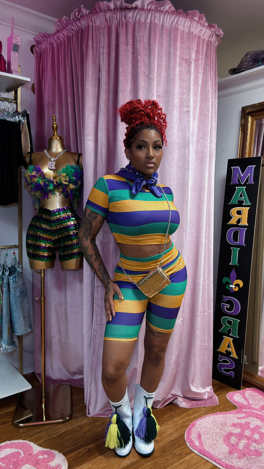 Short Sleeve Crop Tank Top with Short Sets Mardi Gras